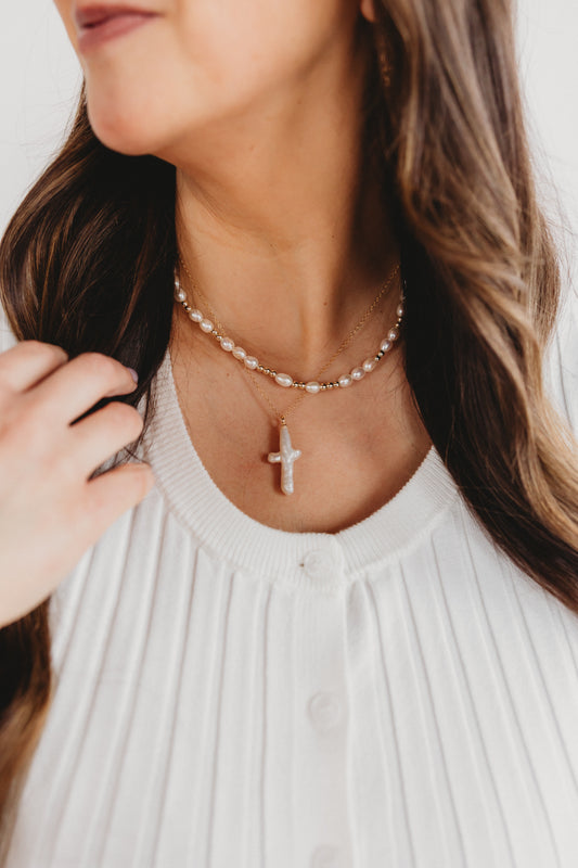 Pearl Cross Necklace | 14k Gold-Filled & Freshwater Pearl | Golden Days Collection