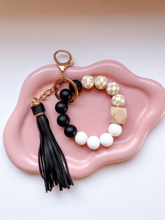 Wristlet Keychain - Black & Neutral Checker