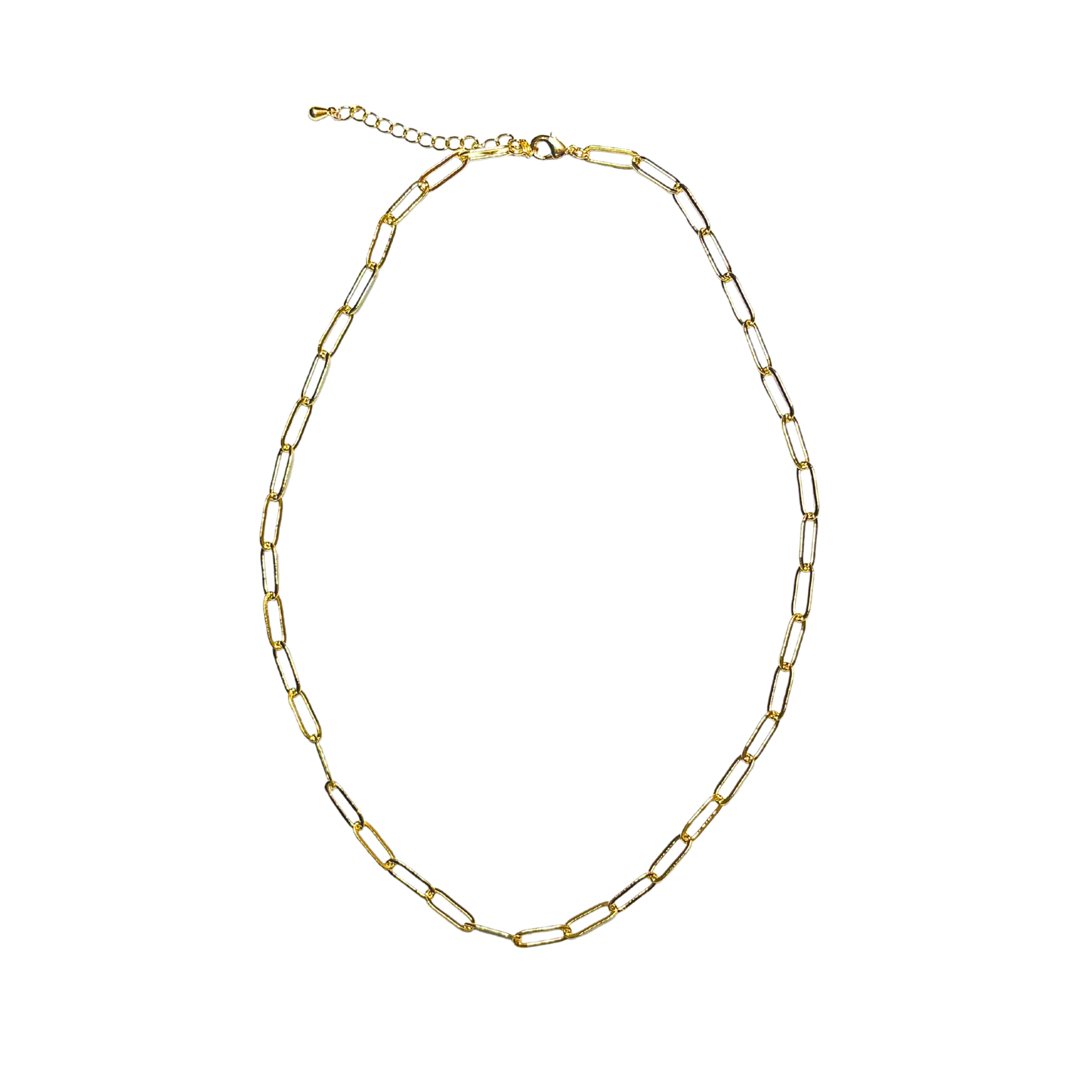 Gold paperclip chain necklace on a white background
