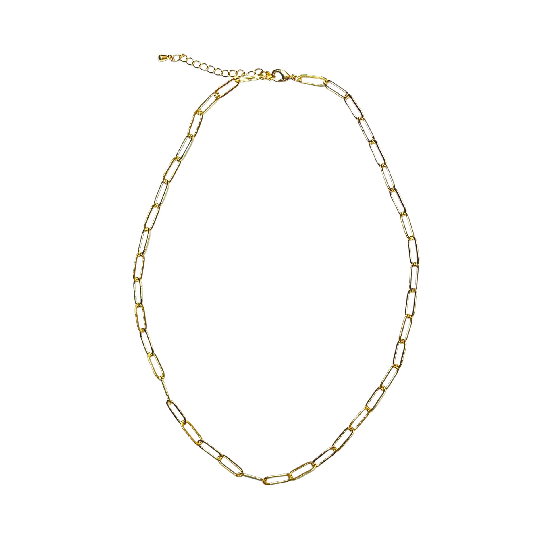 Gold paperclip chain necklace on a white background