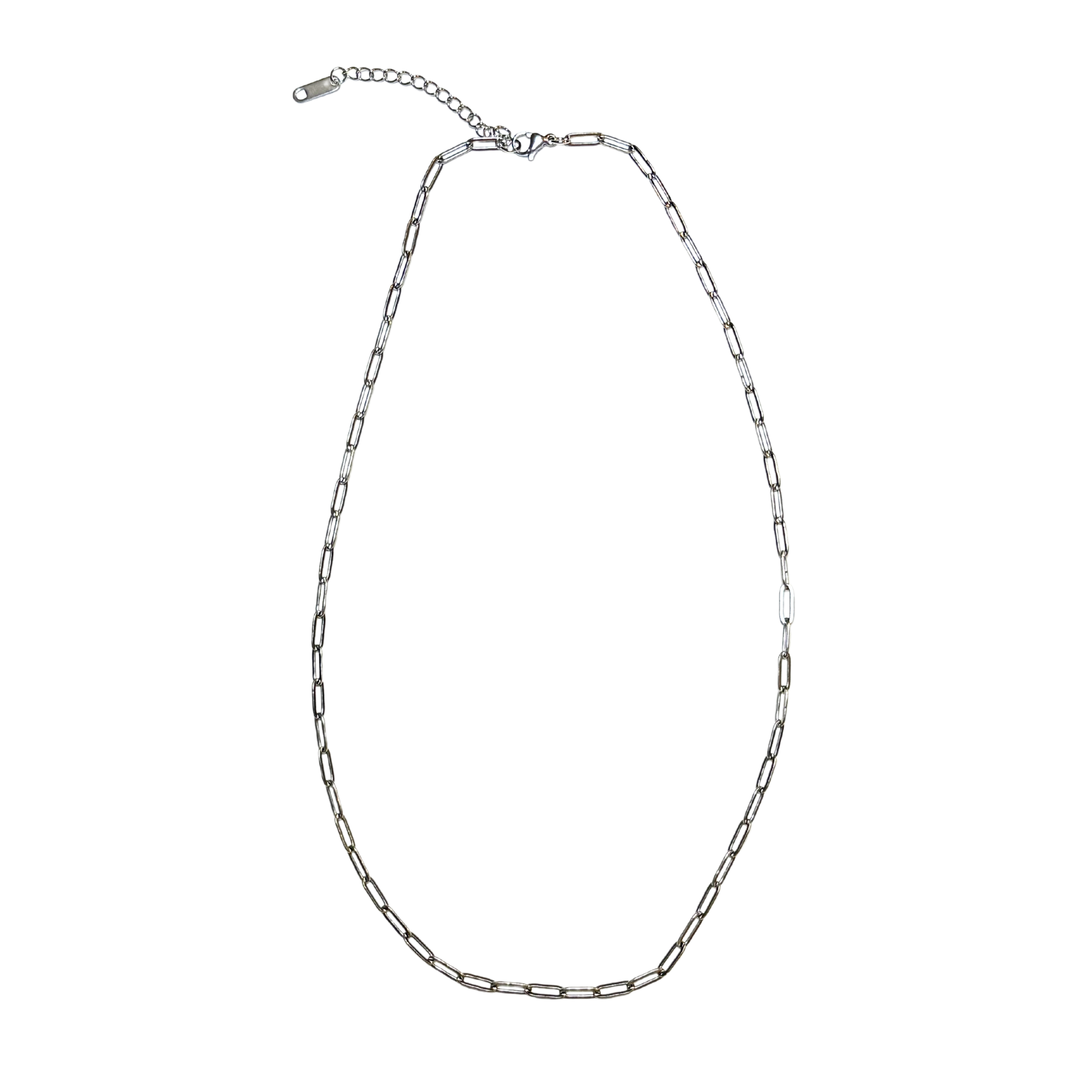 Silver paperclip chain necklace on a white background