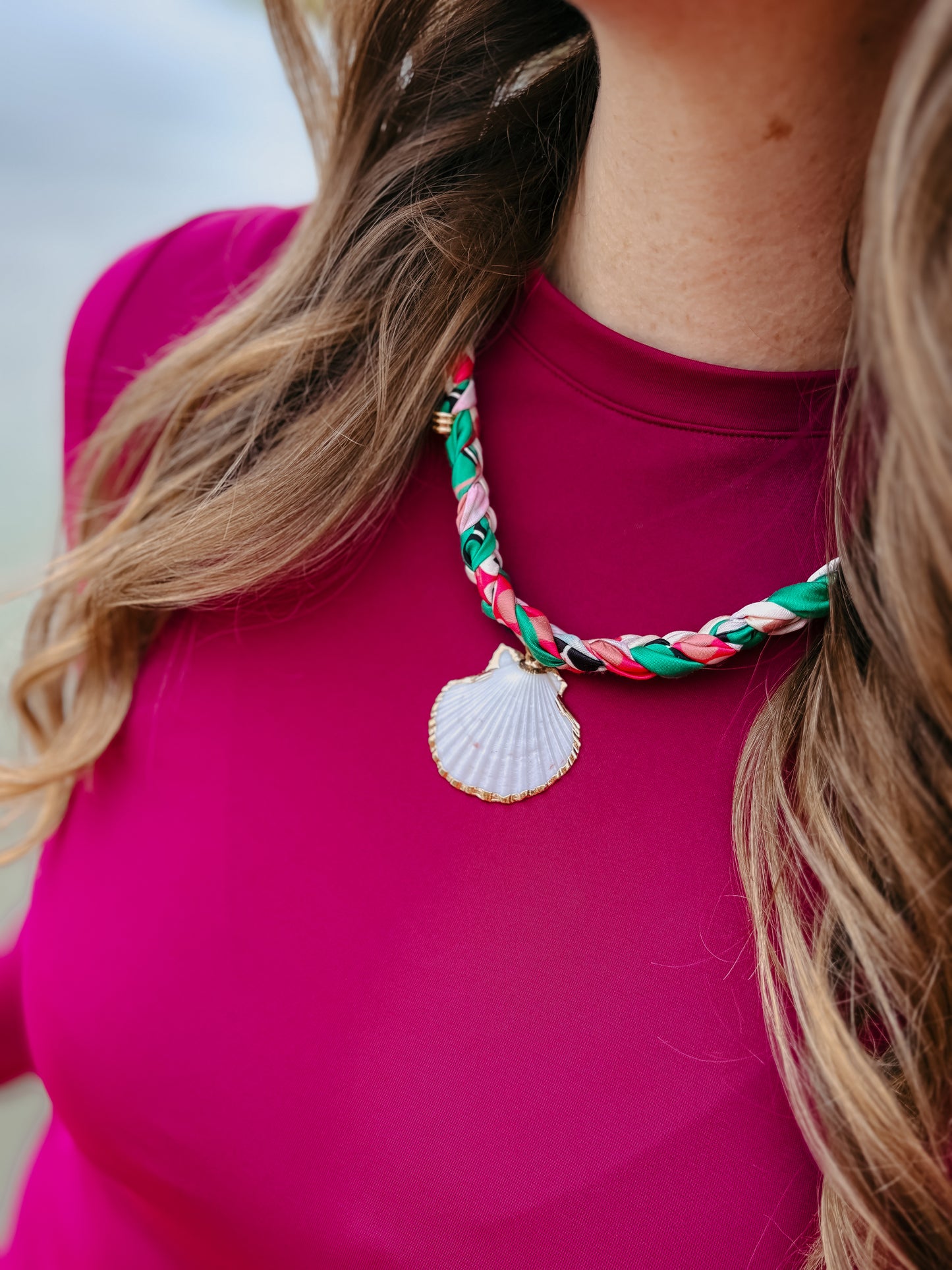 Pink Palm Braided Scarf Necklace