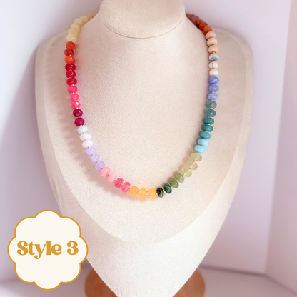 Multicolor beaded gemstone necklace on a mannequin. 